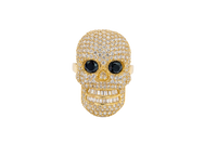 14KT Gold Ring Men's Skull with White CZ Stone Face Black Eyes and Baguette Teeth Plain Band