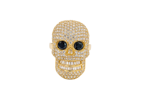 14KT Gold Ring Men's Skull with White CZ Stone Face Black Eyes and Baguette Teeth Plain Band
