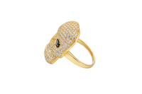14KT Gold Ring Men's Skull with White CZ Stone Face Black Eyes and Baguette Teeth Plain Band