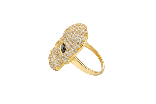 14KT Gold Ring Men's Skull with White CZ Stone Face Black Eyes and Baguette Teeth Plain Band