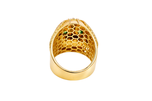14KT Gold Ring Men's Skull with Viking Helmet White Round CZ Stone on Forehead / Jaw and Round CZ Stone Eyes