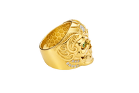 14KT Gold Ring Men's Skull with Viking Helmet White Round CZ Stone on Forehead / Jaw and Round CZ Stone Eyes