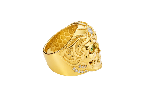 14KT Gold Ring Men's Skull with Viking Helmet White Round CZ Stone on Forehead / Jaw and Round CZ Stone Eyes
