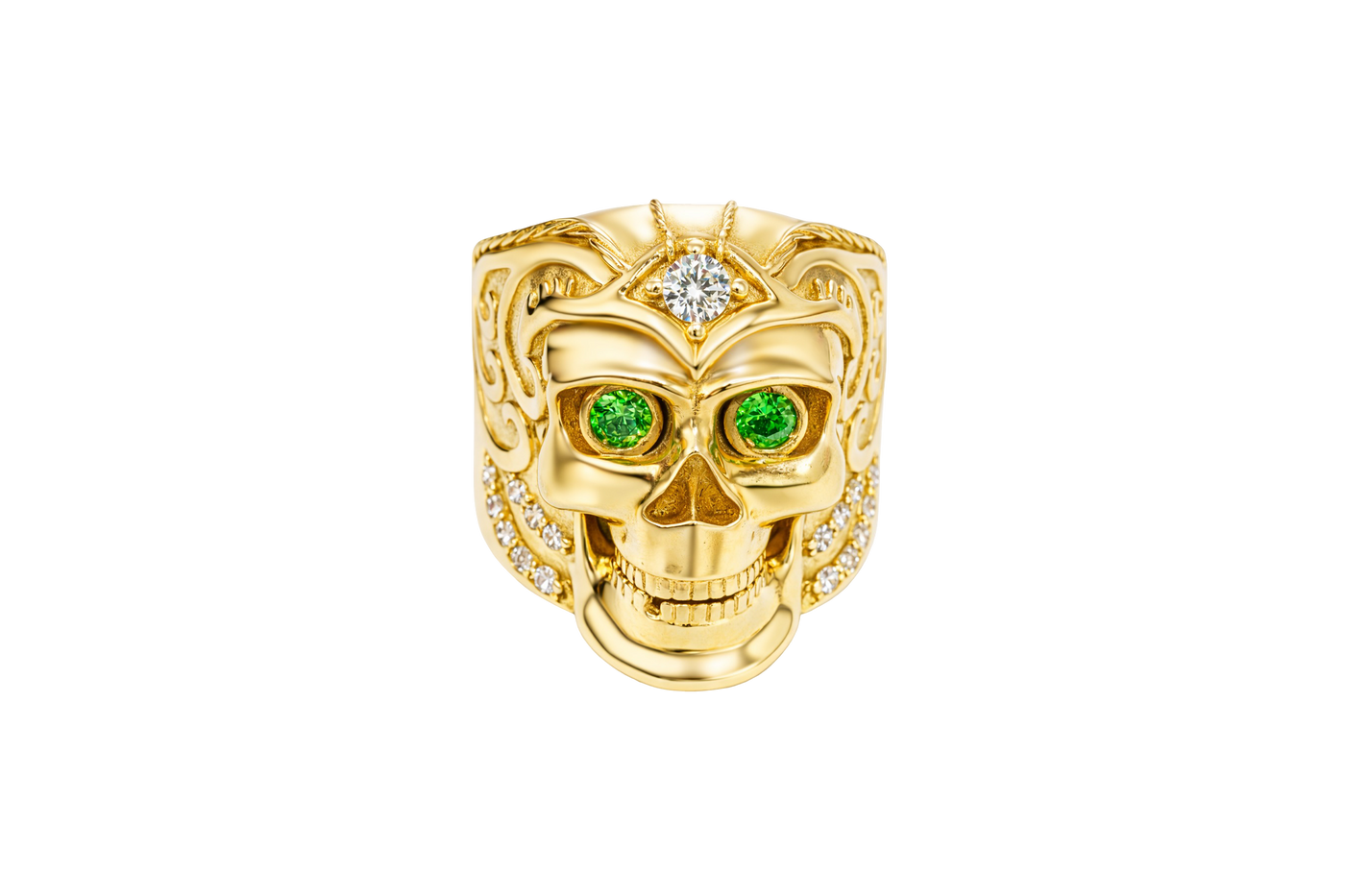 14KT Gold Ring Men's Skull with Viking Helmet White Round CZ Stone on Forehead / Jaw and Round CZ Stone Eyes