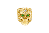 14KT Gold Ring Men's Skull with Viking Helmet White Round CZ Stone on Forehead / Jaw and Round CZ Stone Eyes