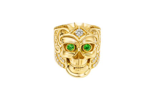 14KT Gold Ring Men's Skull with Viking Helmet White Round CZ Stone on Forehead / Jaw and Round CZ Stone Eyes