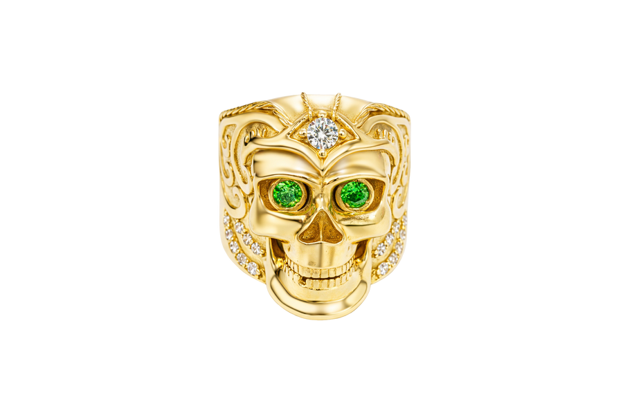 14KT Gold Ring Men's Skull with Viking Helmet White Round CZ Stone on Forehead / Jaw and Round CZ Stone Eyes