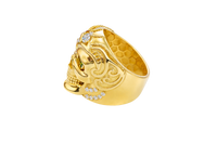 14KT Gold Ring Men's Skull with Viking Helmet White Round CZ Stone on Forehead / Jaw and Round CZ Stone Eyes