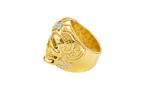 14KT Gold Ring Men's Skull with Viking Helmet White Round CZ Stone on Forehead / Jaw and Round CZ Stone Eyes