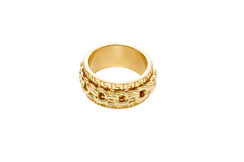 14KT Gold Ring Men's Band Mini Chino Spinner Greek with Name Plate