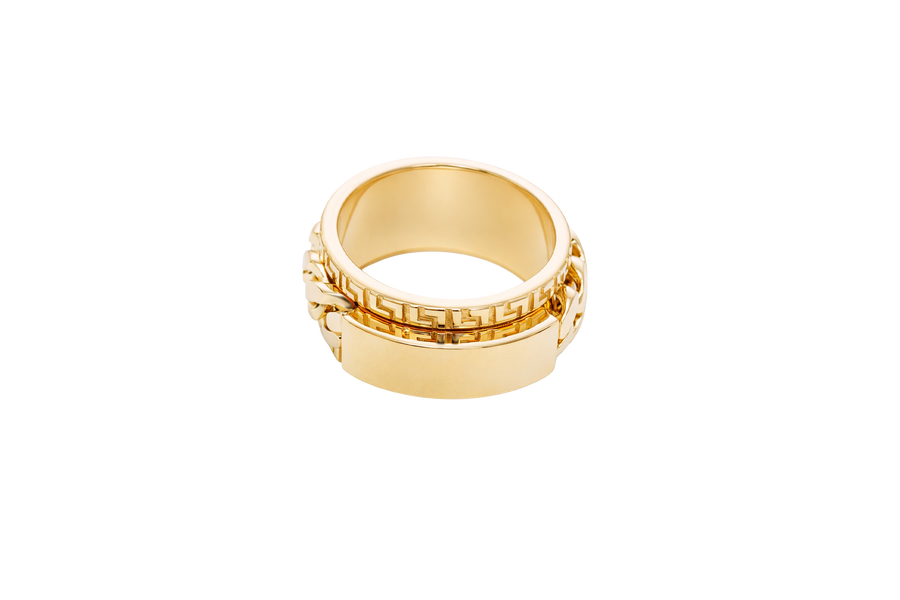 14KT Gold Ring Men's Band Jumbo Cuban Spinner Greek Border Plain Name Plate