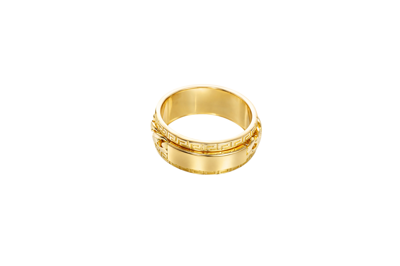 14KT Gold Ring Men's Band Mini Cuban Spinner Greek Border with Plain Name Plate