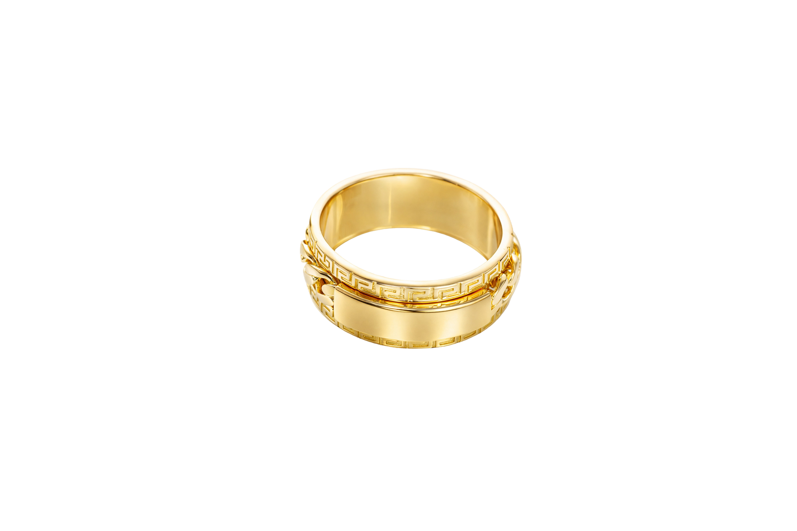 14KT Gold Ring Men's Band Mini Cuban Spinner Greek Border with Plain Name Plate