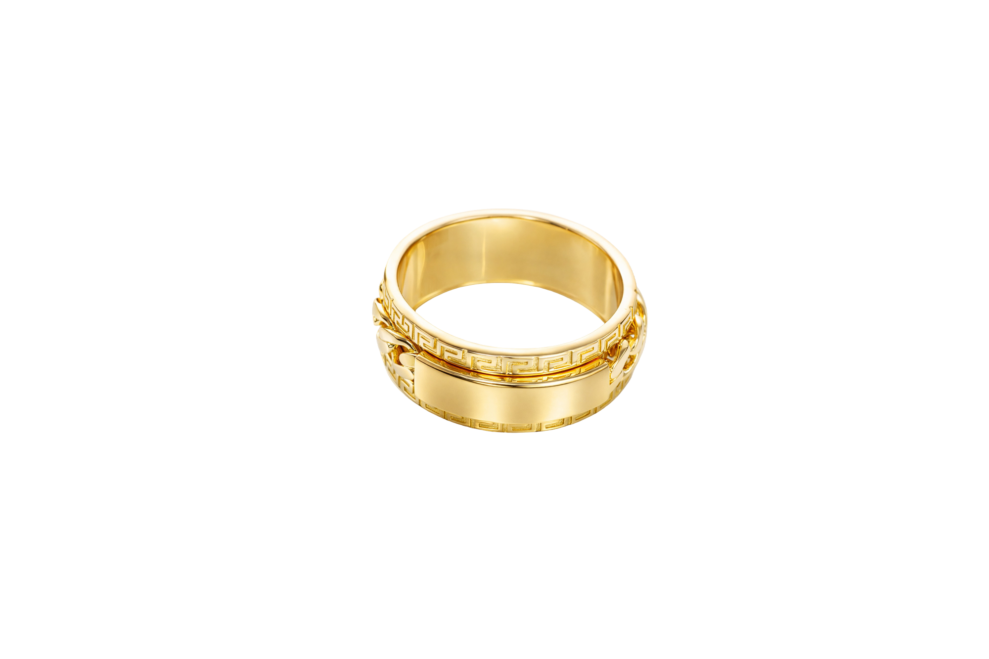 14KT Gold Ring Men's Band Mini Cuban Spinner Greek Border with Plain Name Plate