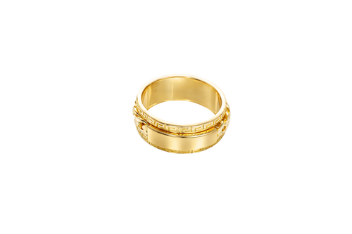 14KT Gold Ring Men's Band Mini Cuban Spinner Greek Border with Plain Name Plate