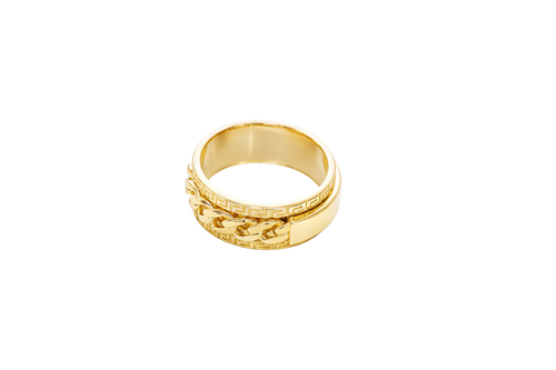 14KT Gold Ring Men's Band Mini Cuban Spinner Greek Border with Plain Name Plate