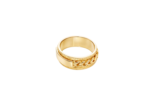 14KT Gold Ring Men's Band Mini Cuban Spinner Greek Border with Plain Name Plate