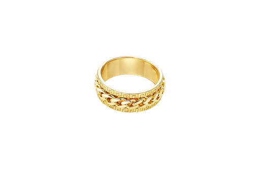 14KT Gold Ring Men's Band Mini Cuban Spinner Greek Border with Plain Name Plate