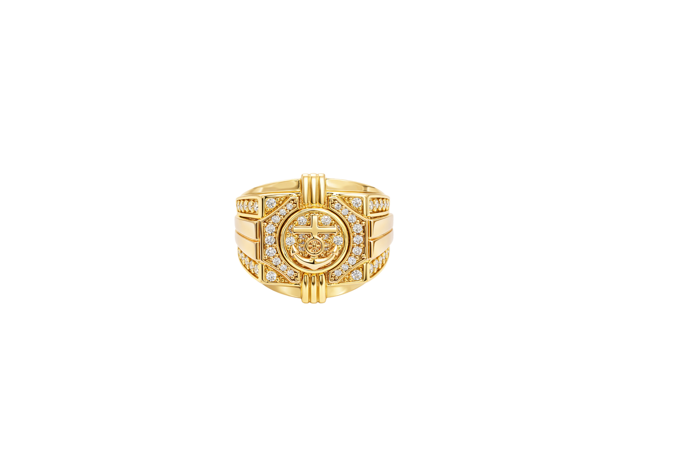 14KT Gold Ring Men's Square Two Tone Anchor/ Round Plain Border with White CZ Stones Border White CZ Stone on Each Corner and U-Shaped White CZ Stones Two Tone Band Border