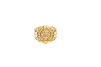 14KT Gold Ring Men's Square Two Tone Anchor/ Round Plain Border with White CZ Stones Border White CZ Stone on Each Corner and U-Shaped White CZ Stones Two Tone Band Border
