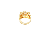 14KT Gold Ring Men's Square Raised Horseshoe/Horse Portrait with White CZ Stones Background Plain Border Watch Band Design Around White CZ Stone Border Side Design Watch Band Print