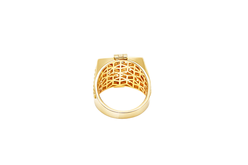 14KT Gold Ring Men's Square Raised Horseshoe/Horse Portrait with White CZ Stones Background Plain Border Watch Band Design Around White CZ Stone Border Side Design Watch Band Print