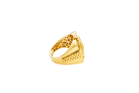 14KT Gold Ring Men's Square Raised Horseshoe/Horse Portrait with White CZ Stones Background Plain Border Watch Band Design Around White CZ Stone Border Side Design Watch Band Print