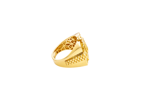 14KT Gold Ring Men's Square Raised Horseshoe/Horse Portrait with White CZ Stones Background Plain Border Watch Band Design Around White CZ Stone Border Side Design Watch Band Print