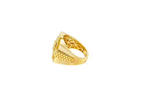 14KT Gold Ring Men's Square Raised Horseshoe/Horse Portrait with White CZ Stones Background Plain Border Watch Band Design Around White CZ Stone Border Side Design Watch Band Print