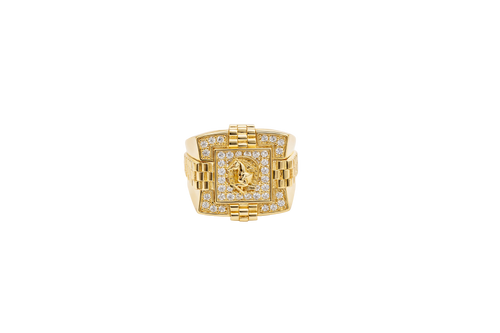14KT Gold Ring Men's Square Raised Horseshoe/Horse Portrait with White CZ Stones Background Plain Border Watch Band Design Around White CZ Stone Border Side Design Watch Band Print