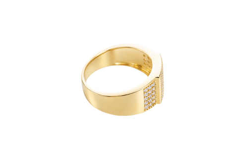 14KT Gold Ring Men's Square White Round CZ Stone Center Design with 6 x 6 Rows Side Design White CZ Stones Triple Row of Five White CZ Stones