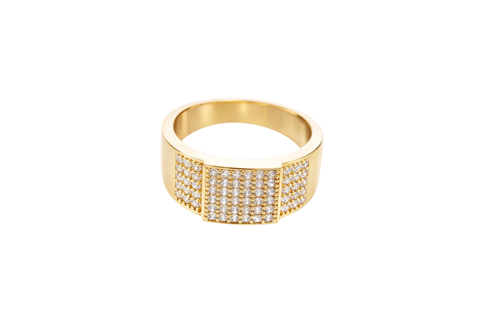 14KT Gold Ring Men's Square White Round CZ Stone Center Design with 6 x 6 Rows Side Design White CZ Stones Triple Row of Five White CZ Stones
