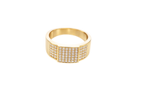 14KT Gold Ring Men's Square White Round CZ Stone Center Design with 6 x 6 Rows Side Design White CZ Stones Triple Row of Five White CZ Stones