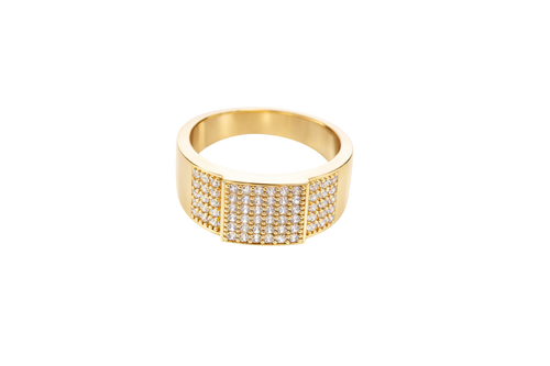 14KT Gold Ring Men's Square White Round CZ Stone Center Design with 6 x 6 Rows Side Design White CZ Stones Triple Row of Five White CZ Stones