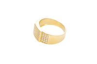 14KT Gold Ring Men's Square White Round CZ Stone Center Design with 6 x 6 Rows Side Design White CZ Stones Triple Row of Five White CZ Stones