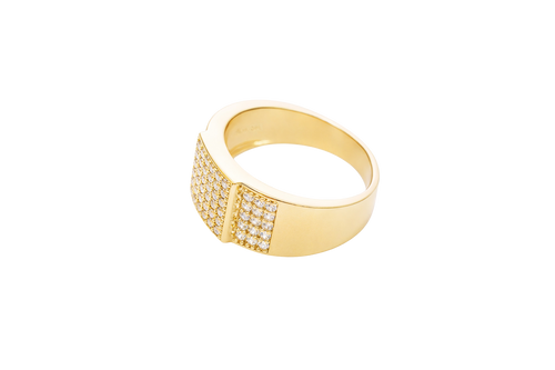 14KT Gold Ring Men's Square White Round CZ Stone Center Design with 6 x 6 Rows Side Design White CZ Stones Triple Row of Five White CZ Stones