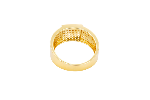 14KT Gold Ring Men's Square White Round CZ Stone Center Design with 6 x 6 Rows Side Design White CZ Stones Triple Row of Five White CZ Stones