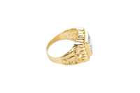 14KT Gold Ring Men's Square White CZ Center Stone Plain Border with Nugget Band