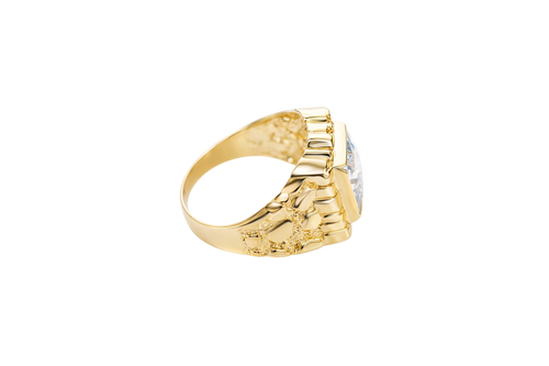 14KT Gold Ring Men's Square White CZ Center Stone Plain Border with Nugget Band
