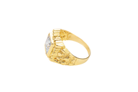 14KT Gold Ring Men's Square White CZ Center Stone Plain Border with Nugget Band