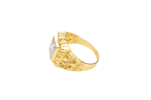 14KT Gold Ring Men's Square White CZ Center Stone Plain Border with Nugget Band