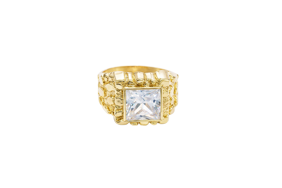 14KT Gold Ring Men's Square White CZ Center Stone Plain Border with Nugget Band