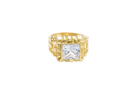 14KT Gold Ring Men's Square White CZ Center Stone Plain Border with Nugget Band
