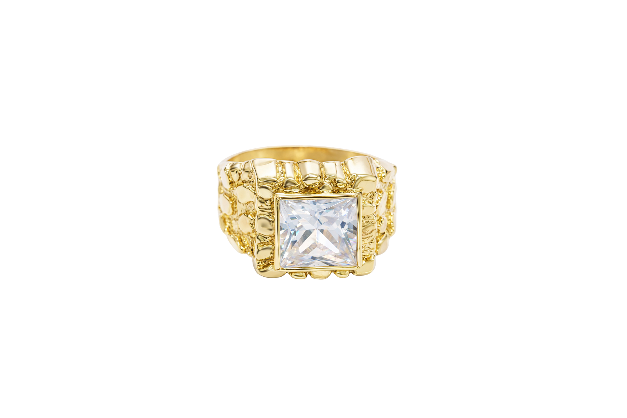 14KT Gold Ring Men's Square White CZ Center Stone Plain Border with Nugget Band