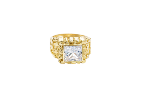 14KT Gold Ring Men's Square White CZ Center Stone Plain Border with Nugget Band