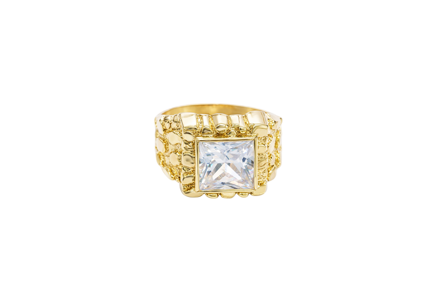 14KT Gold Ring Men's Square White CZ Center Stone Plain Border with Nugget Band
