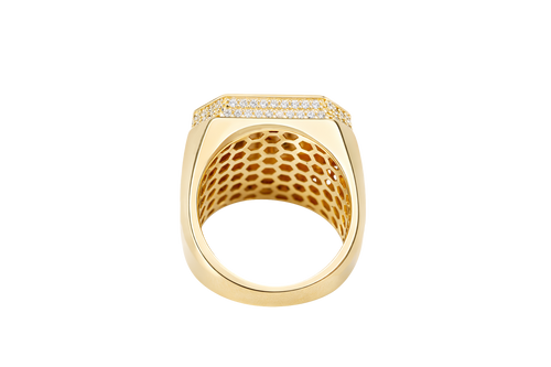 14KT Gold Ring Men's Octagon St. Barbara with Sunray Background Plain Border and Double Row White CZ Stones Edge Plain Band