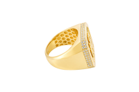 14KT Gold Ring Men's Octagon St. Barbara with Sunray Background Plain Border and Double Row White CZ Stones Edge Plain Band