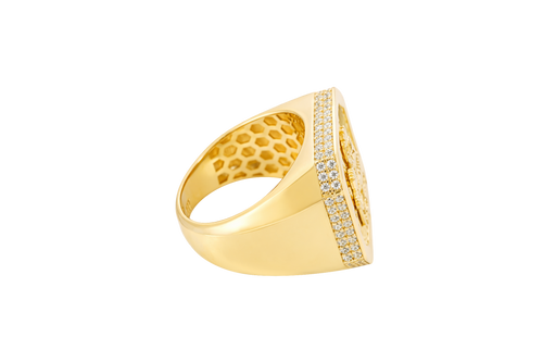 14KT Gold Ring Men's Octagon St. Barbara with Sunray Background Plain Border and Double Row White CZ Stones Edge Plain Band