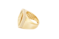 14KT Gold Ring Men's Octagon St. Barbara with Sunray Background Plain Border and Double Row White CZ Stones Edge Plain Band